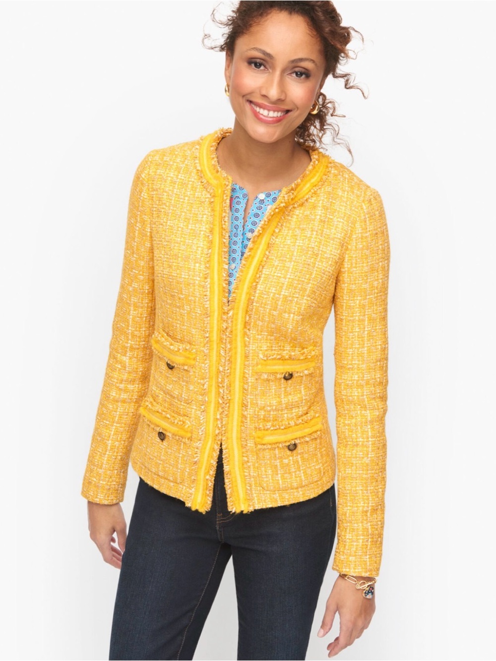 New Talbots Yellow Tweed Bouclé Jacket Size 4 Fringe Trim Quiet Luxury